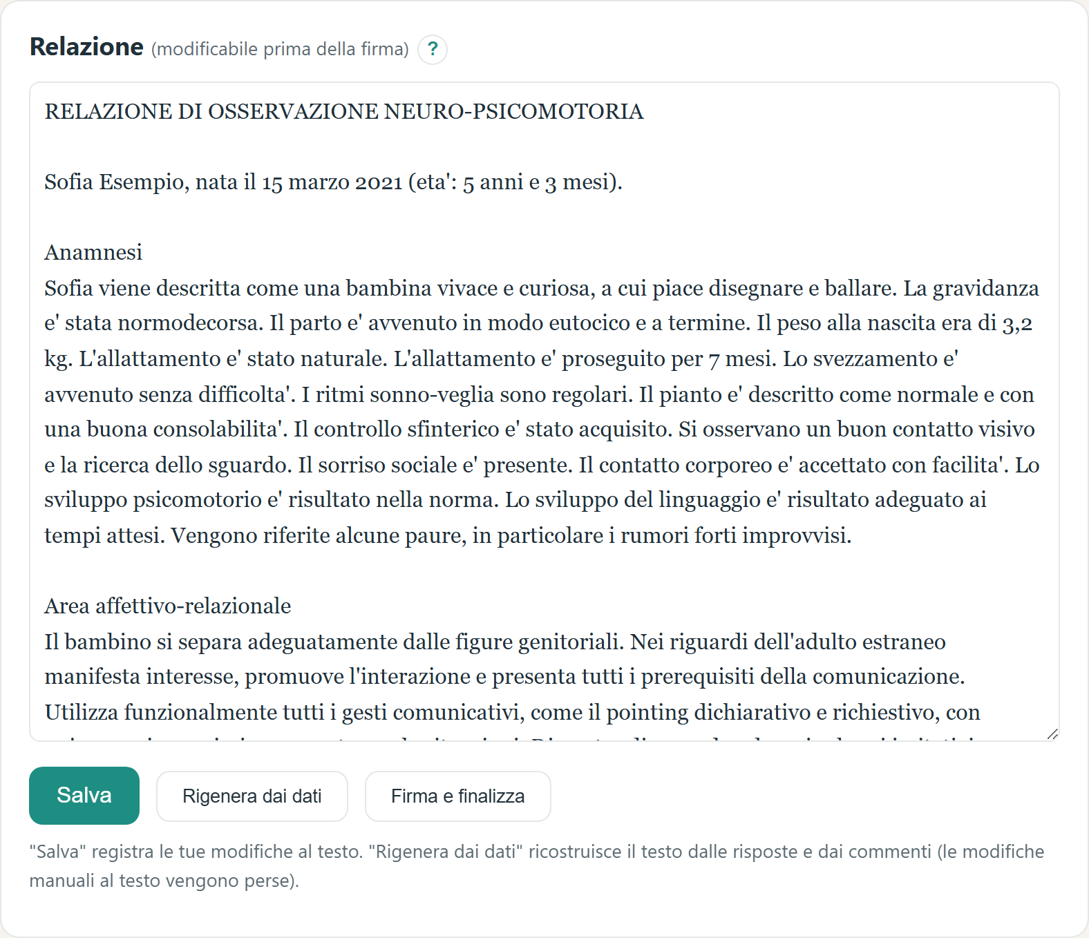 La relazione generata, modificabile prima della firma
