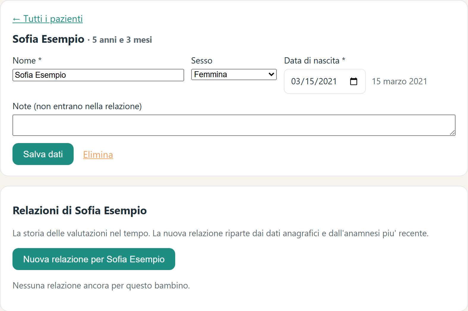 La scheda di un bambino con la storia delle sue relazioni